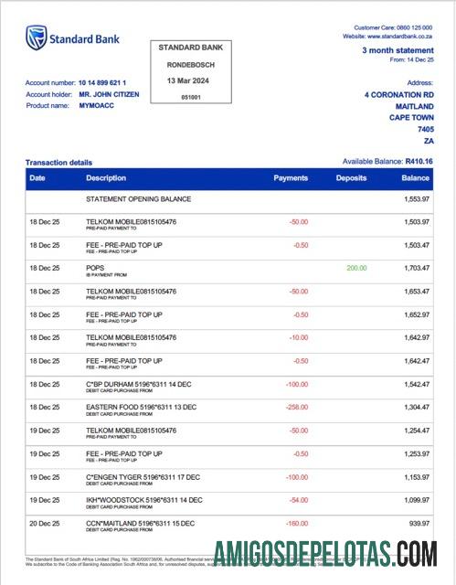 em branco África do Sul Standard Bank Rondebosch modelo de extrato bancário Word e PDF